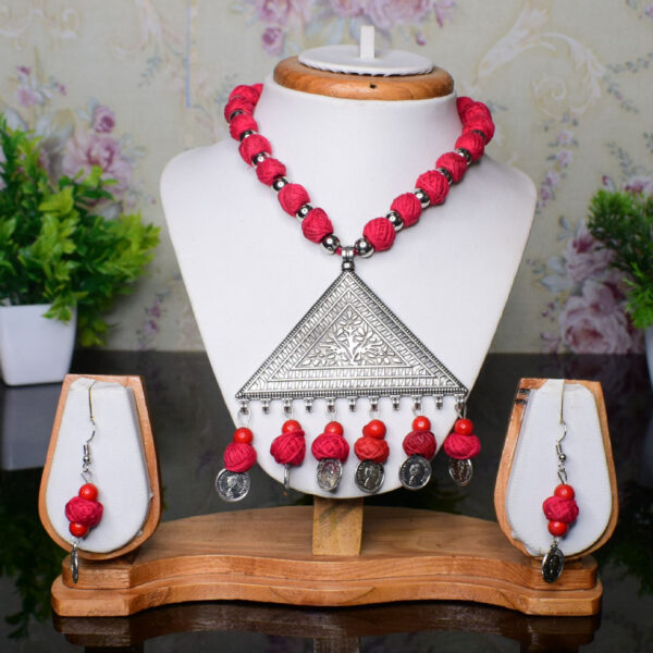 Red Fabric and Silver Triangle Jewelry Set