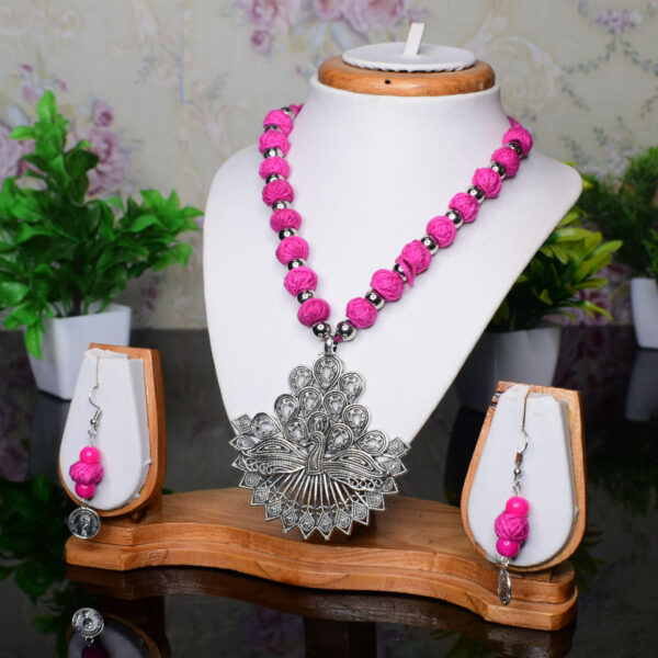 Pink Flower and Peacock Necklace Set